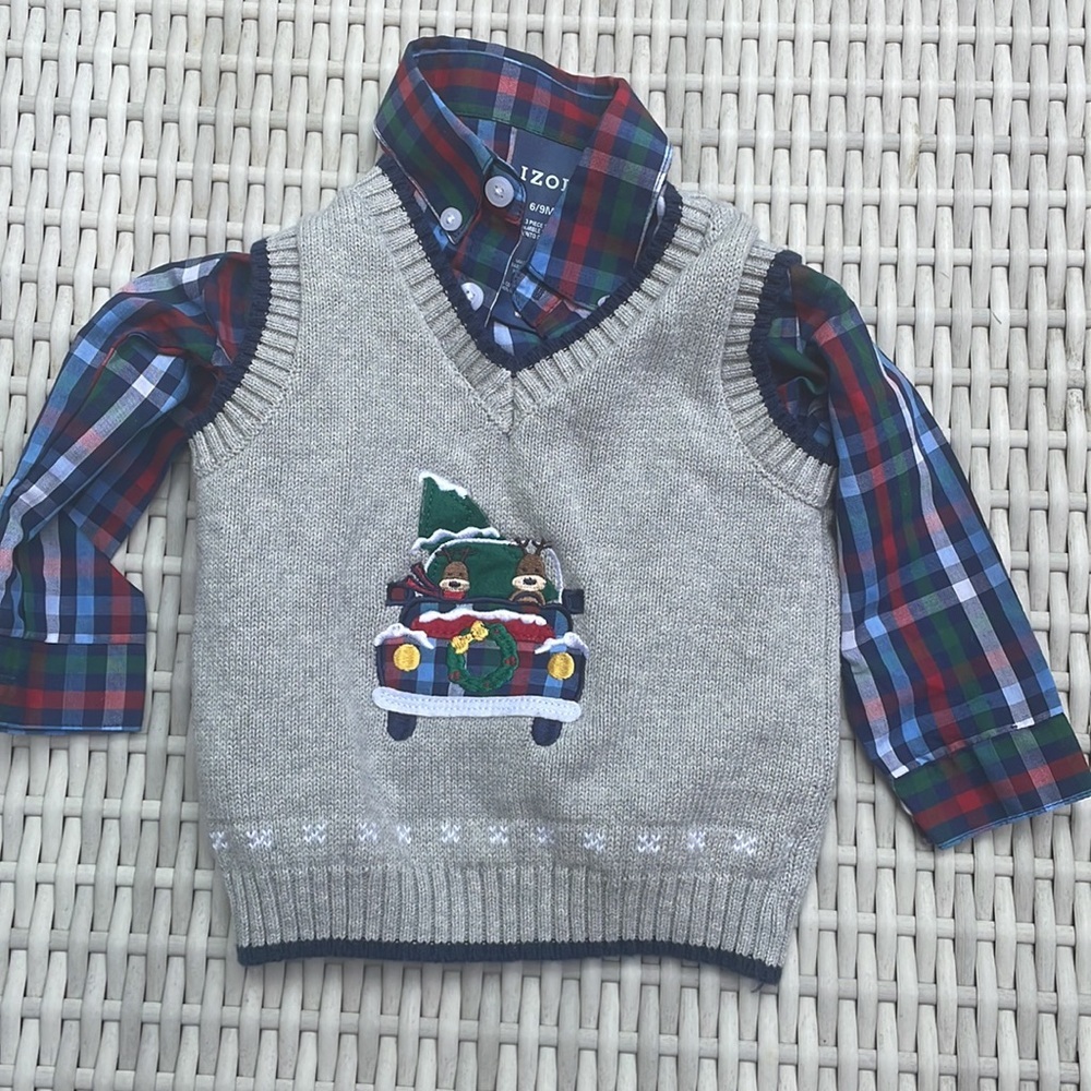 NWT- Toddler Boy IZOD Christmas Truck Sweater Vest, Shirt Set Size 6/9 Months